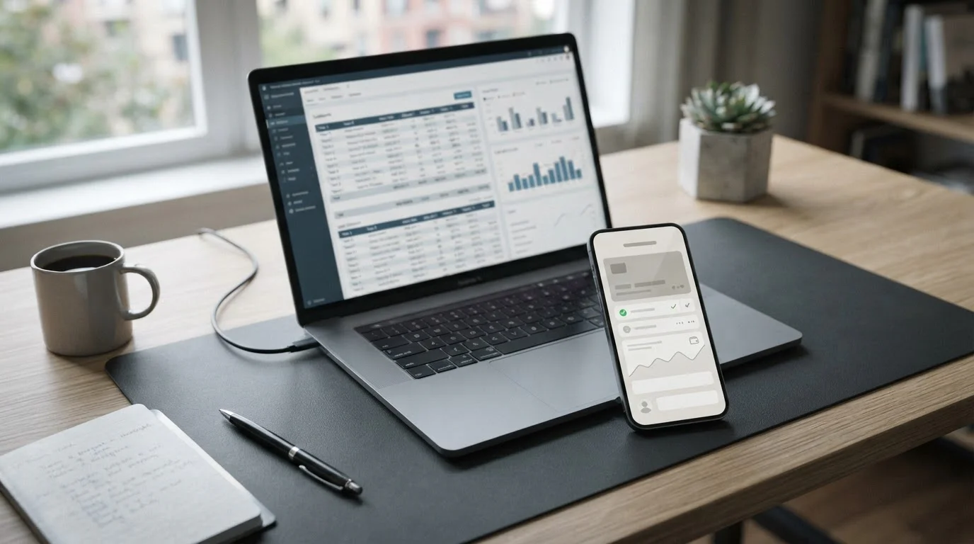 Smartphone mit Zahlungs-App auf einem Schreibtisch neben Laptop für Online-Wetten