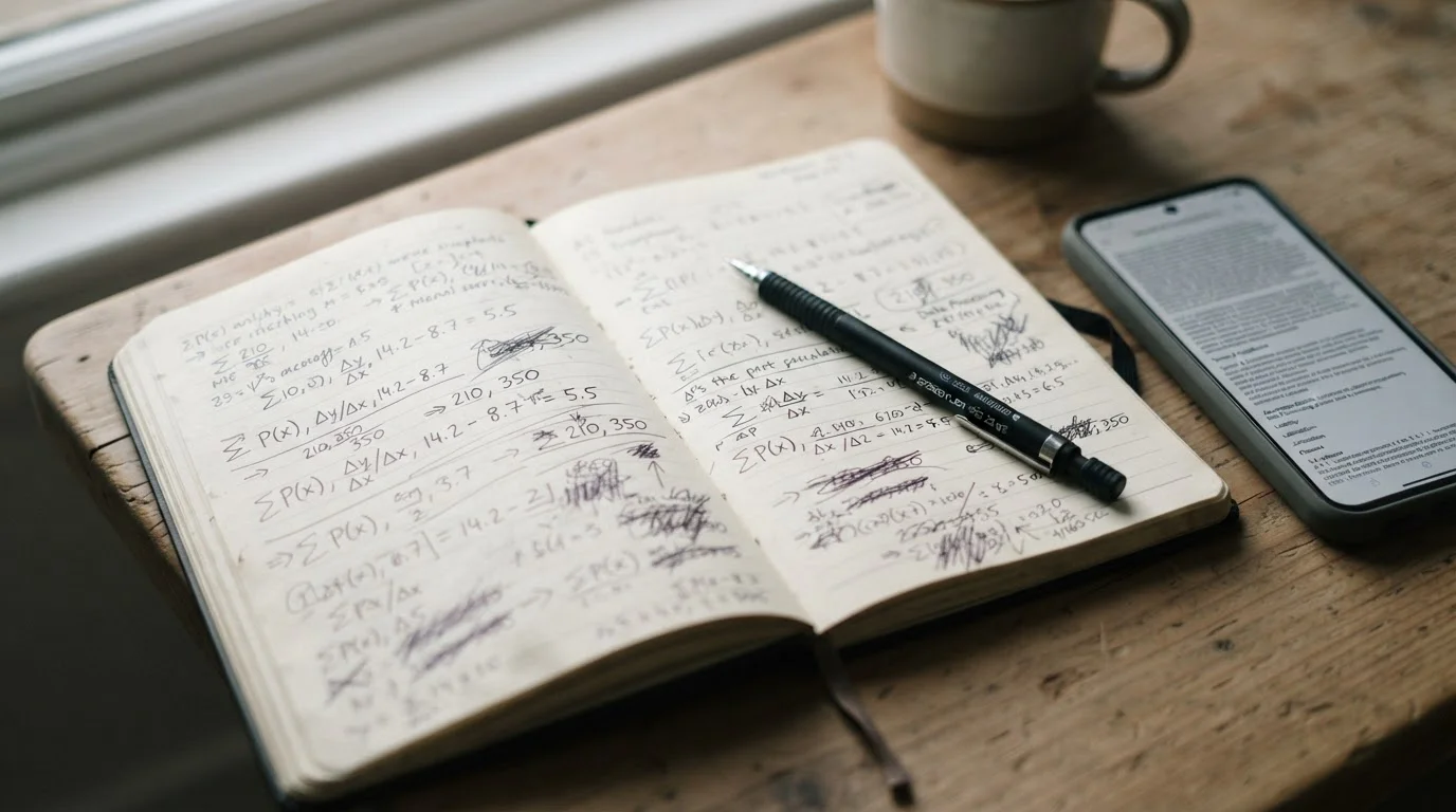 Handschriftliche Berechnungen zu Bonusbedingungen auf einem Notizblock