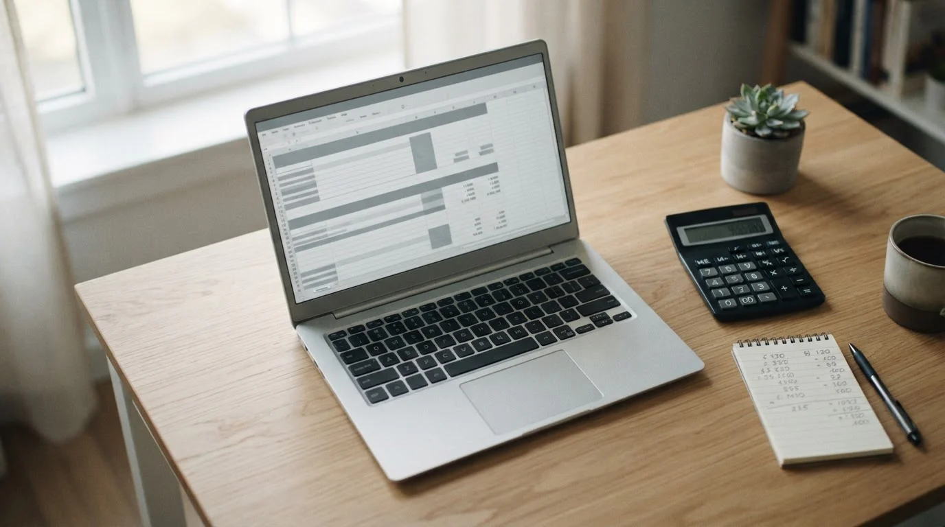 Analytischer Arbeitsplatz mit Laptop und Taschenrechner für Wettquoten-Vergleich