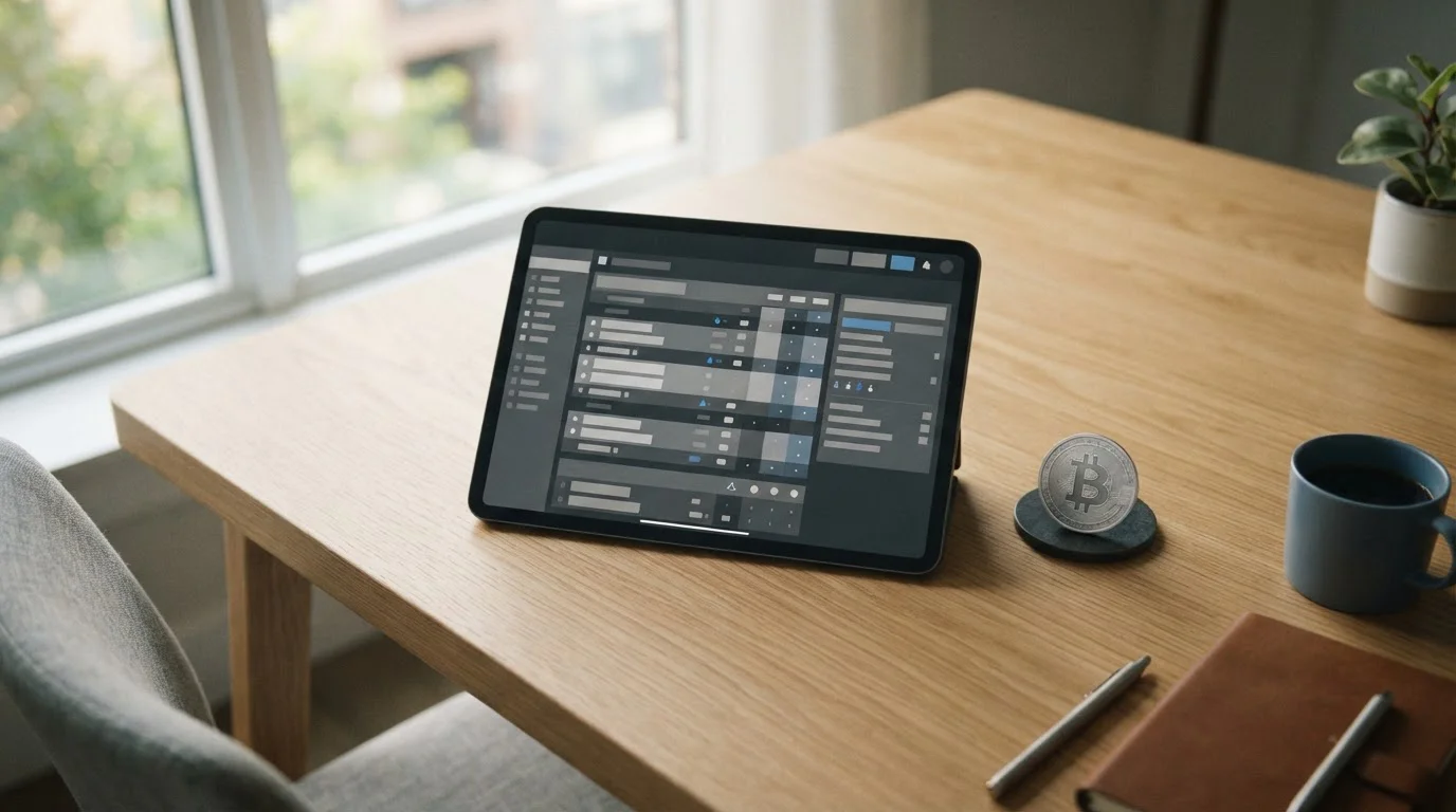 Bitcoin-Symbol auf Tablet neben Sportwetten-Plattform auf neutralem Schreibtisch