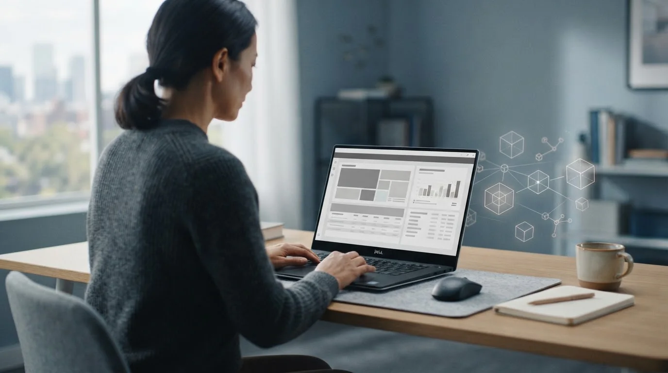 Laptop mit neutraler Wettplattform und abstrakten Krypto-Symbolen auf aufgeräumtem Schreibtisch