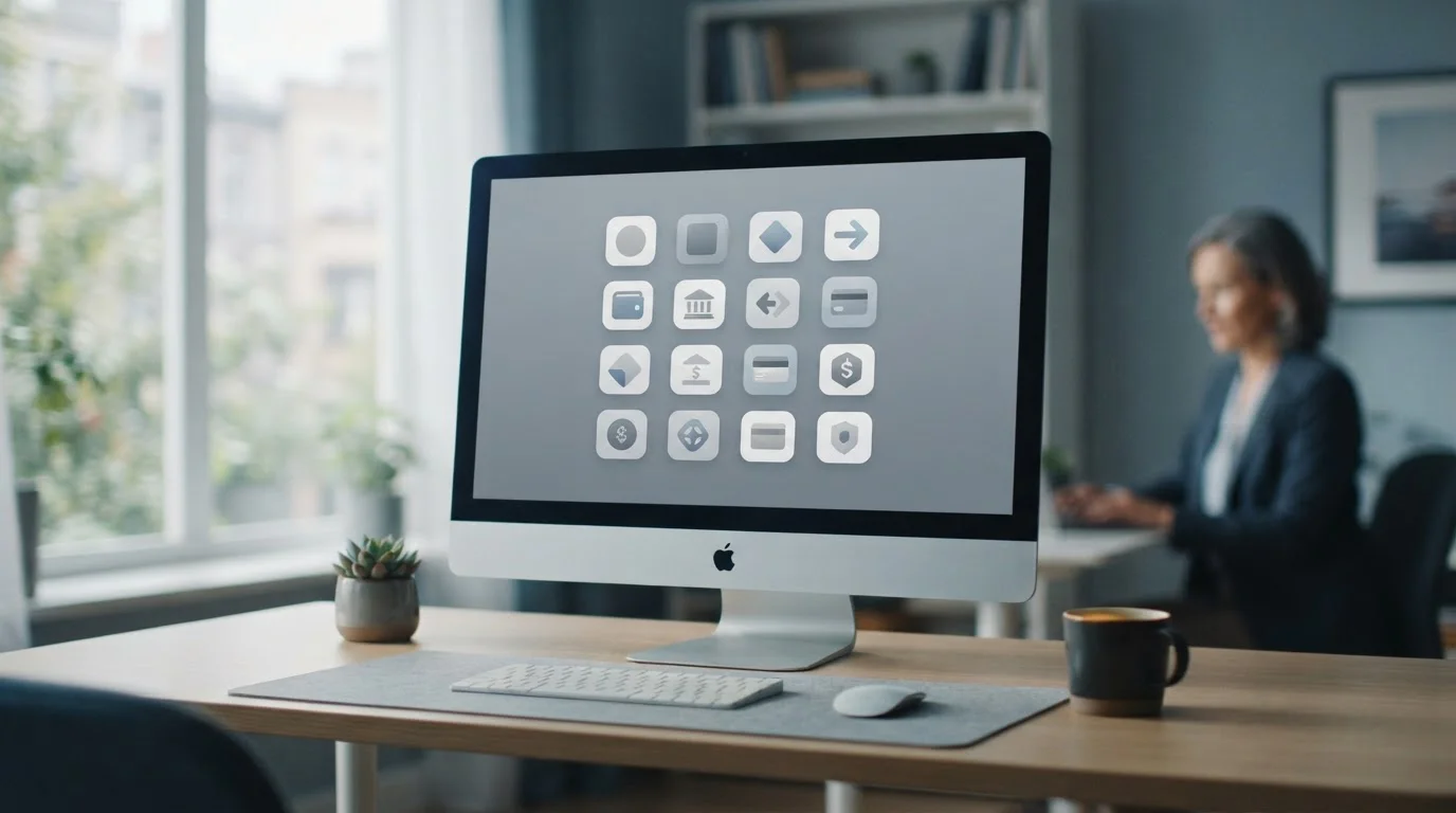 Desktop-Bildschirm zeigt abstraktes Zahlungsinterface mit verschiedenen Bezahloptionen als Alternative zur Lastschrift
