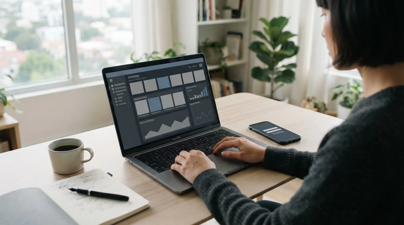 Laptop mit abstrakten Wettanbieter-Vergleichsseiten auf neutralem Schreibtisch