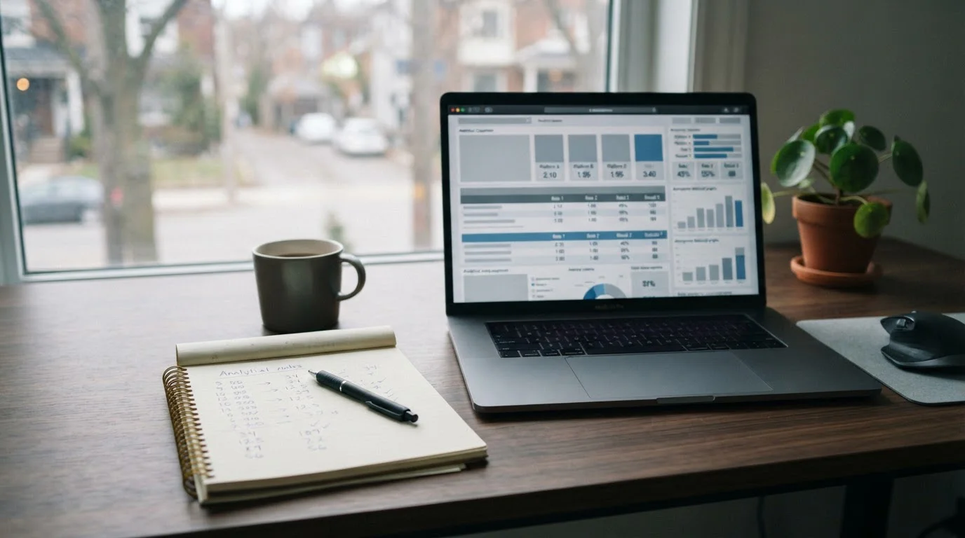 Analytischer Arbeitsplatz mit Laptop und Notizen zum Vergleich von Wettanbietern ohne Limit