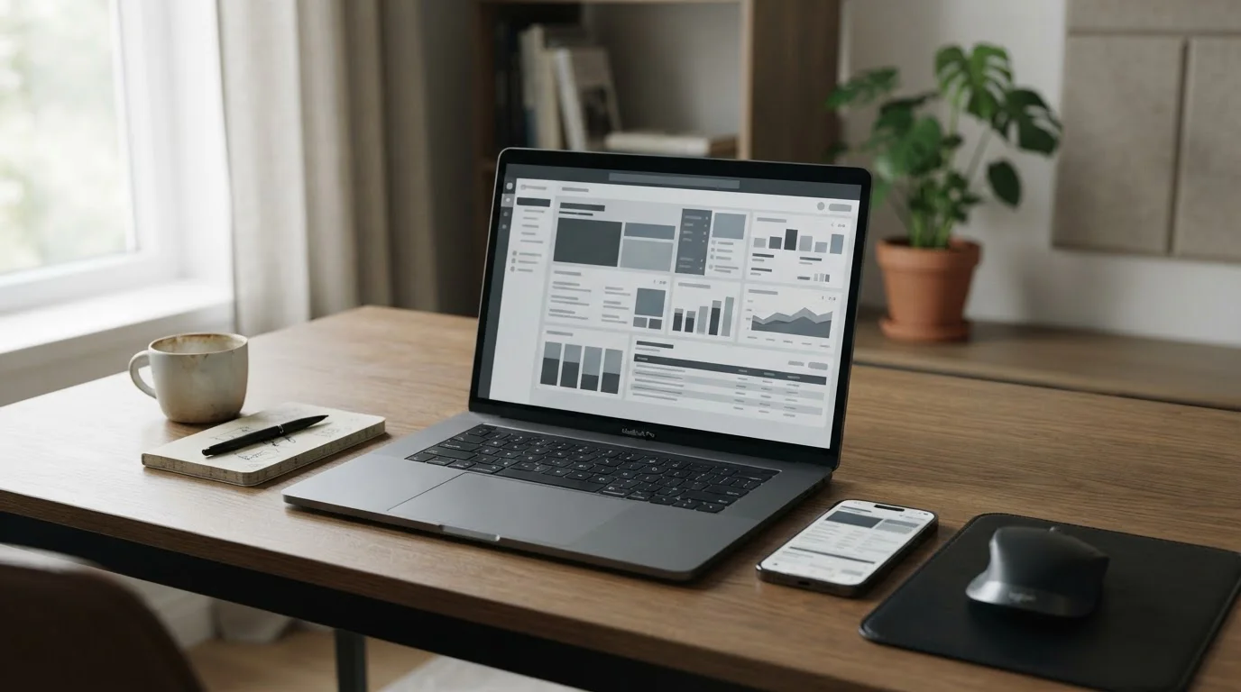 Laptop mit neutralen Wettplattform-Interfaces auf dem Bildschirm in ruhiger Arbeitsumgebung