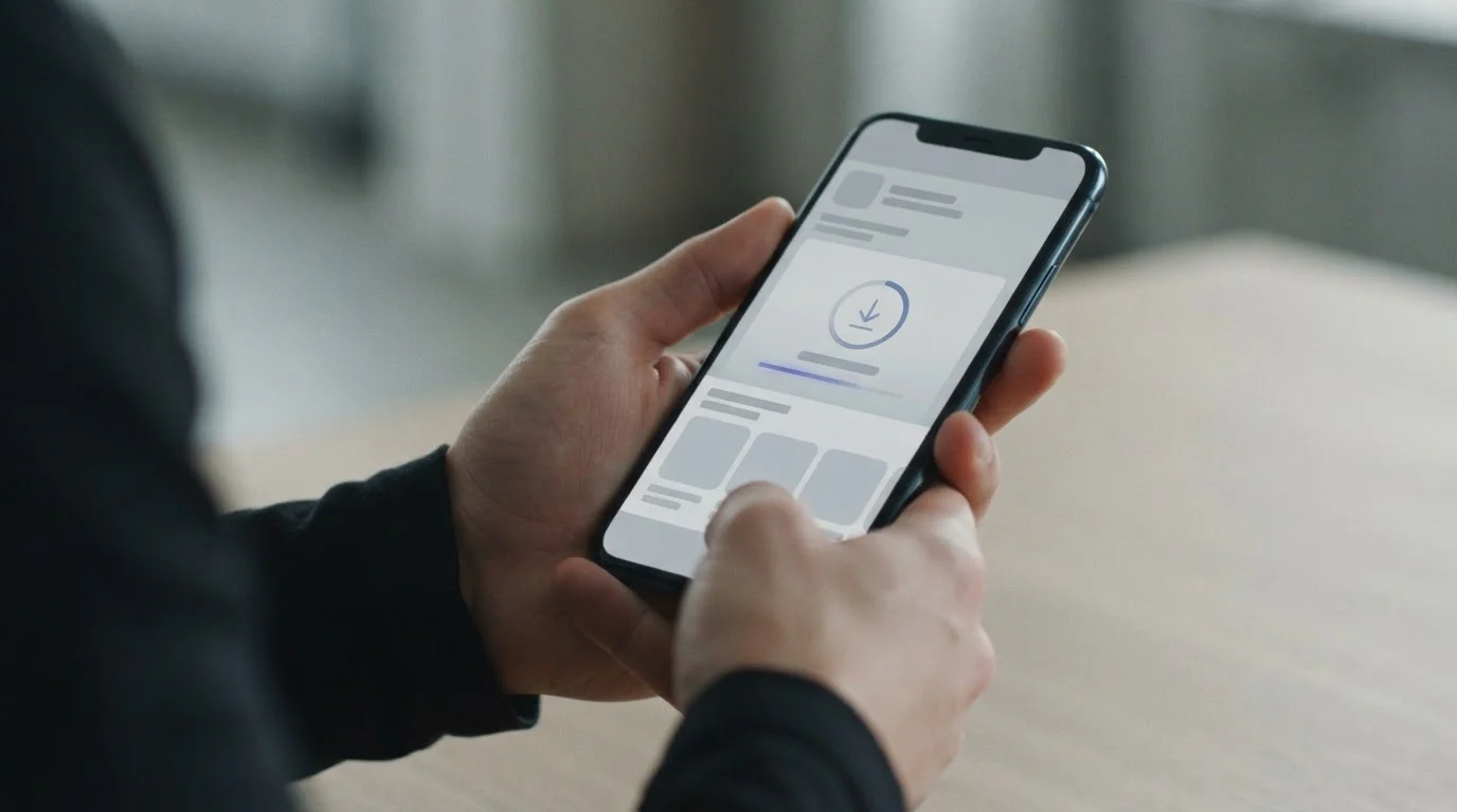 Smartphone-Bildschirm mit neutraler Darstellung eines App-Download-Vorgangs im rechtlich regulierten Rahmen