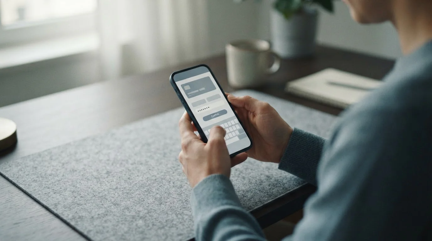 Hand hält Smartphone und navigiert durch den Zahlungsprozess einer Wett-App