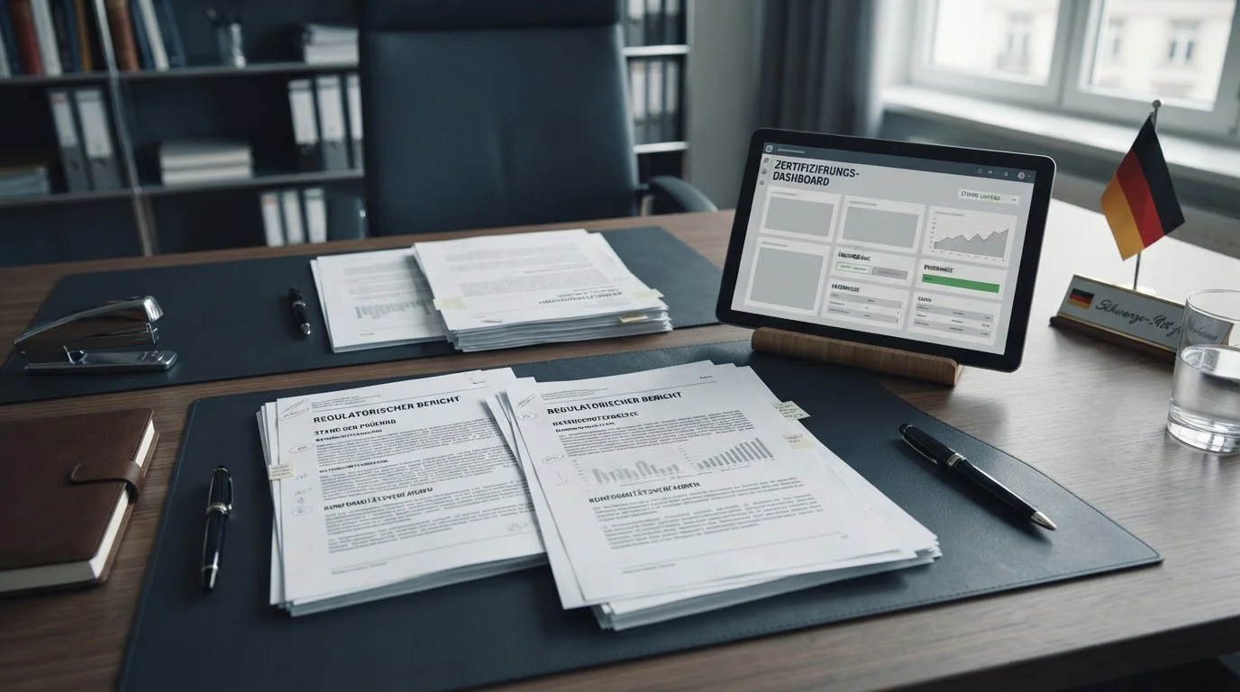 Offizielle Dokumente und Tablet mit Regulierungsinformationen