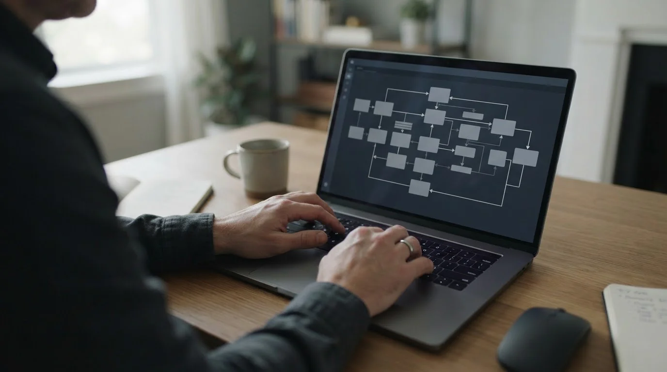 Hands typing on keyboard with abstract transaction flow on screen