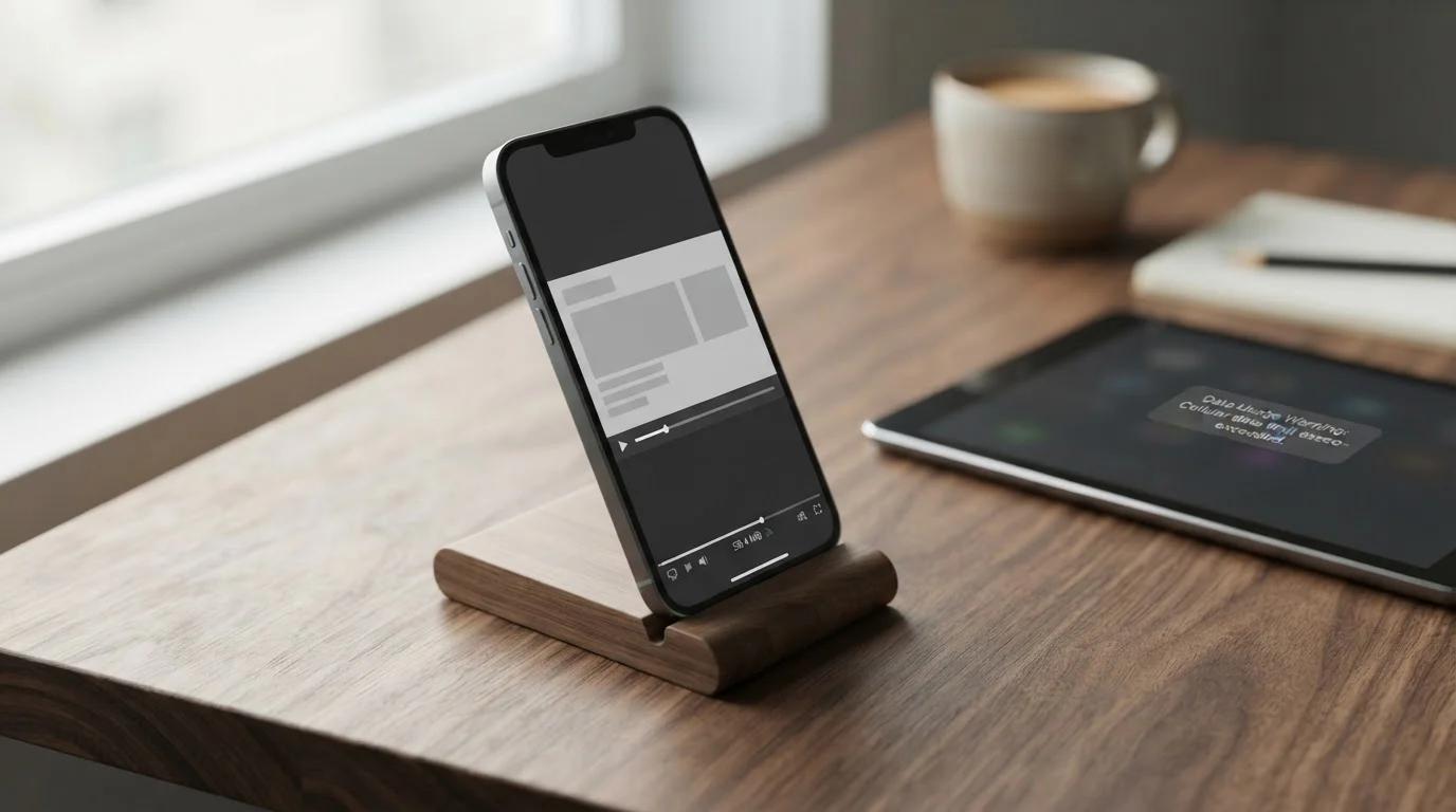 Smartphone mit laufendem Video-Stream und Datenverbrauch-Anzeige im Hintergrund