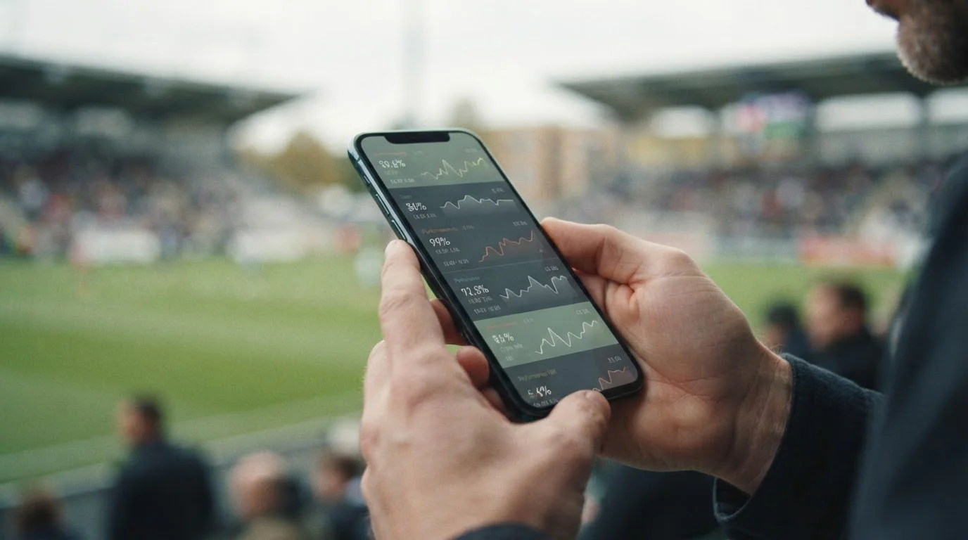 Smartphone mit abstrakten Live-Daten während eines Sportereignisses