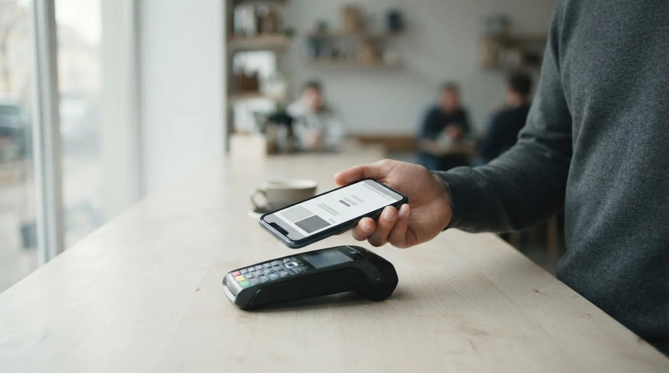 Hand hält Smartphone mit abstraktem Payment-Interface über kontaktlosem Zahlungsterminal