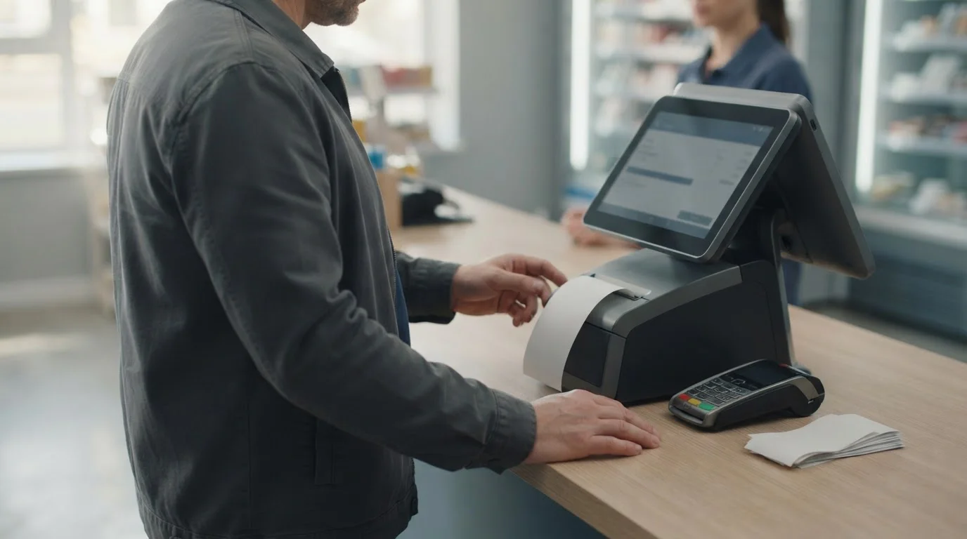 Person an Verkaufsterminal beim Kauf eines Prepaid-Gutscheins