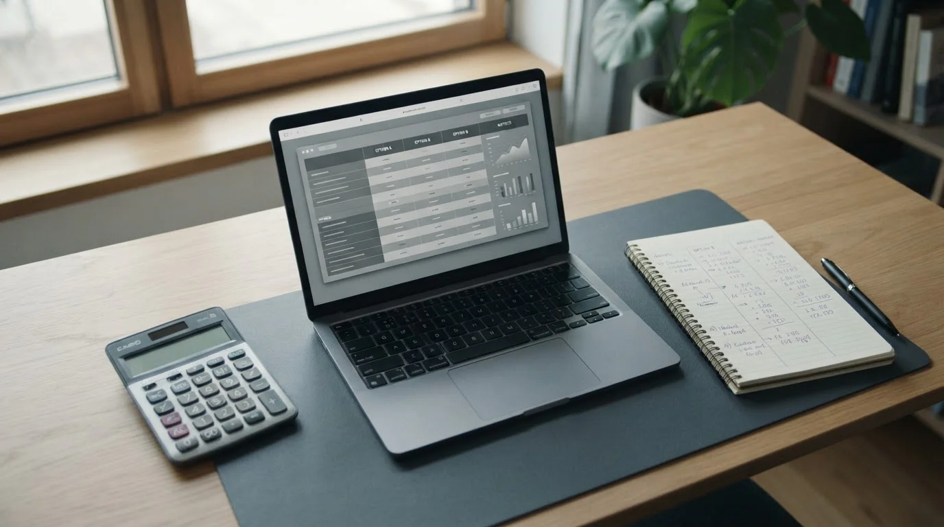 Analytischer Arbeitsplatz mit Laptop und Unterlagen zur Bewertung neuer Buchmacher