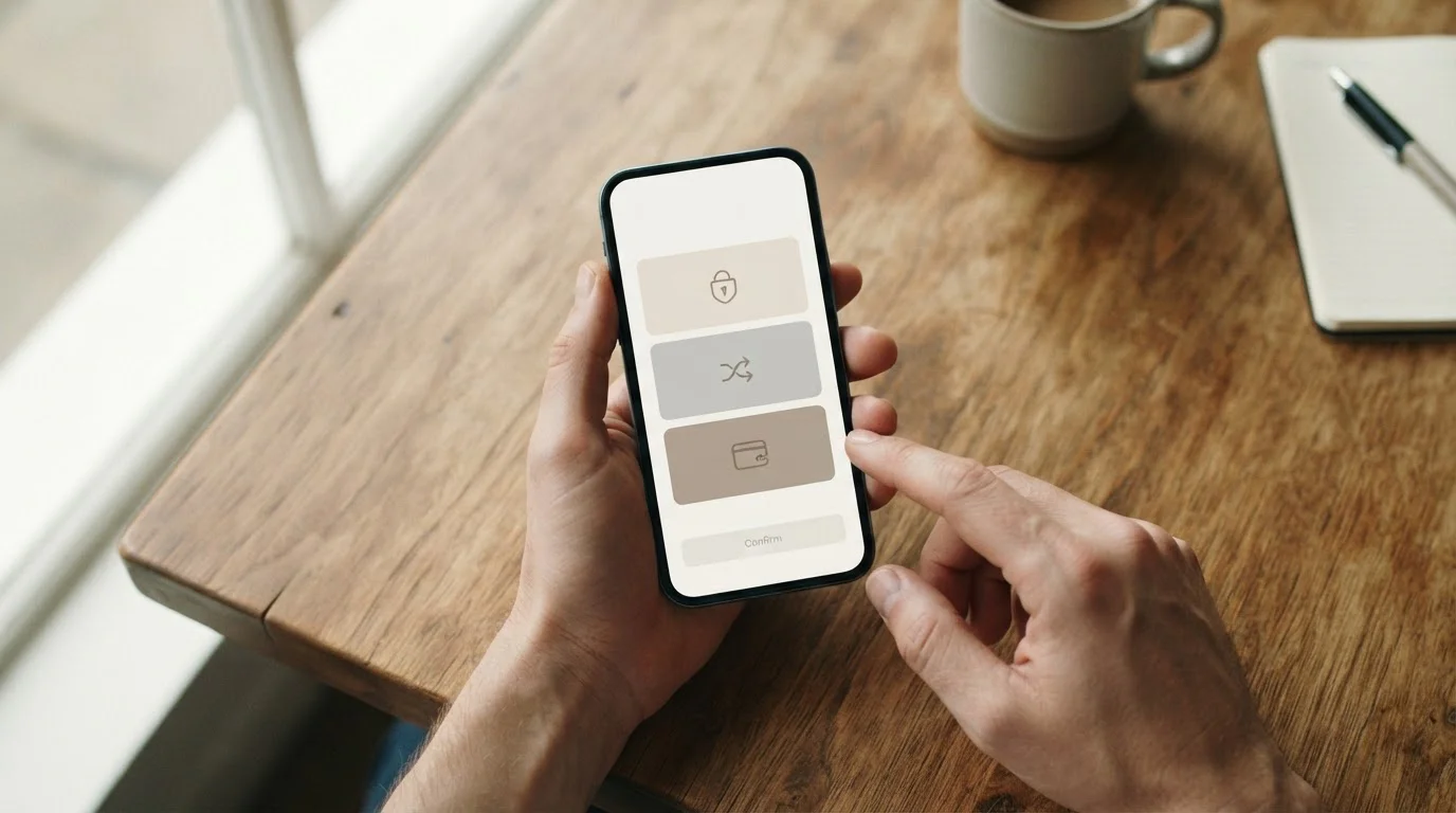 Smartphone zeigt drei abstrakte Zahlungsoptionen auf neutralem Interface