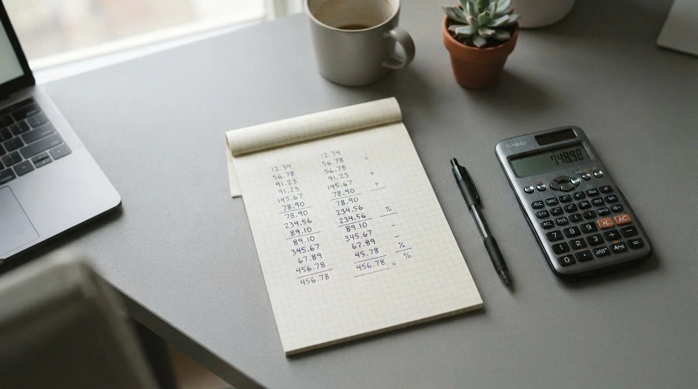 Taschenrechner und Notizen mit Zahlenreihen auf einem Schreibtisch für Quotenanalyse