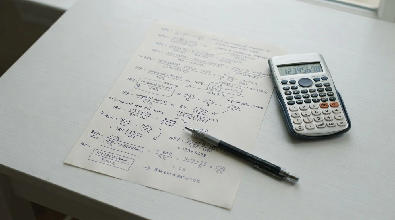 Mathematische Berechnung auf Papier mit Taschenrechner und Stift