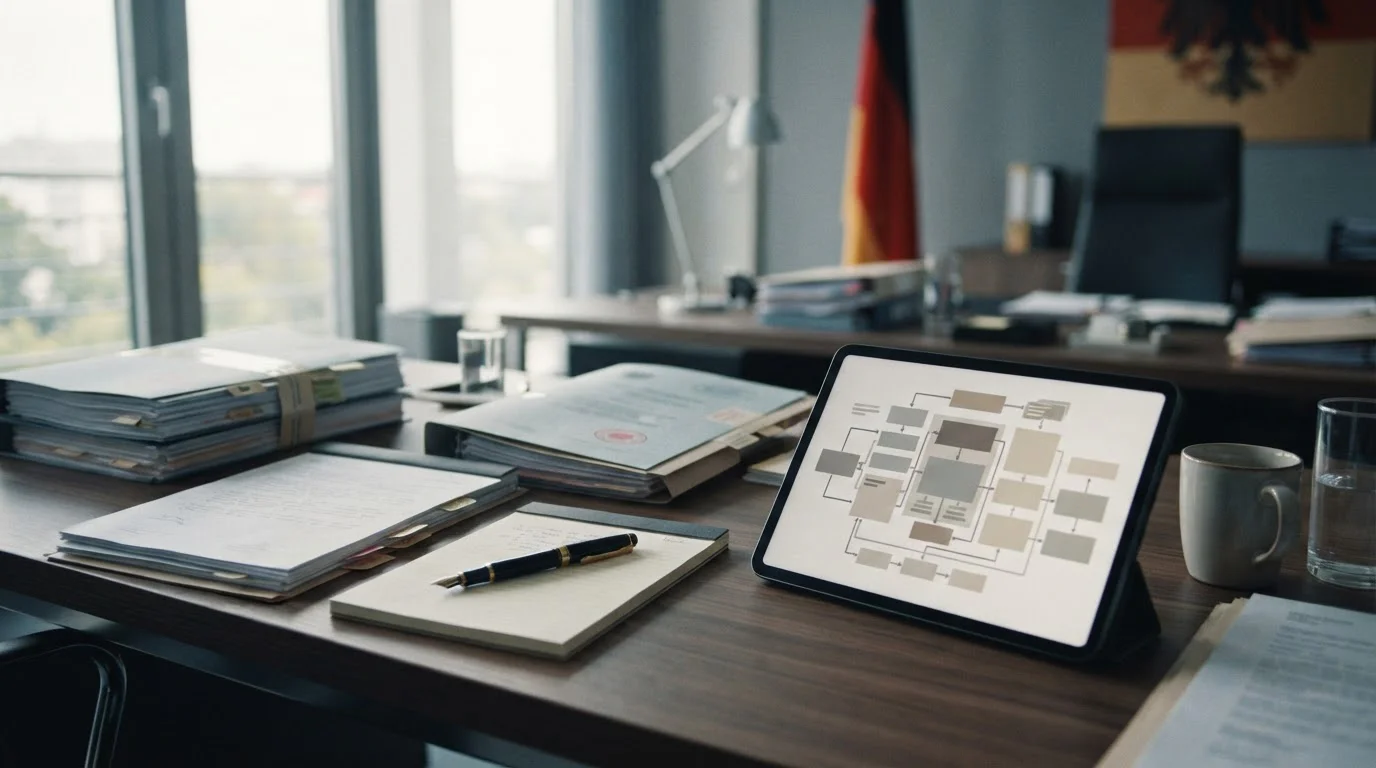 Gesetzestexte und Dokumente zum deutschen Glücksspielrecht auf Schreibtisch