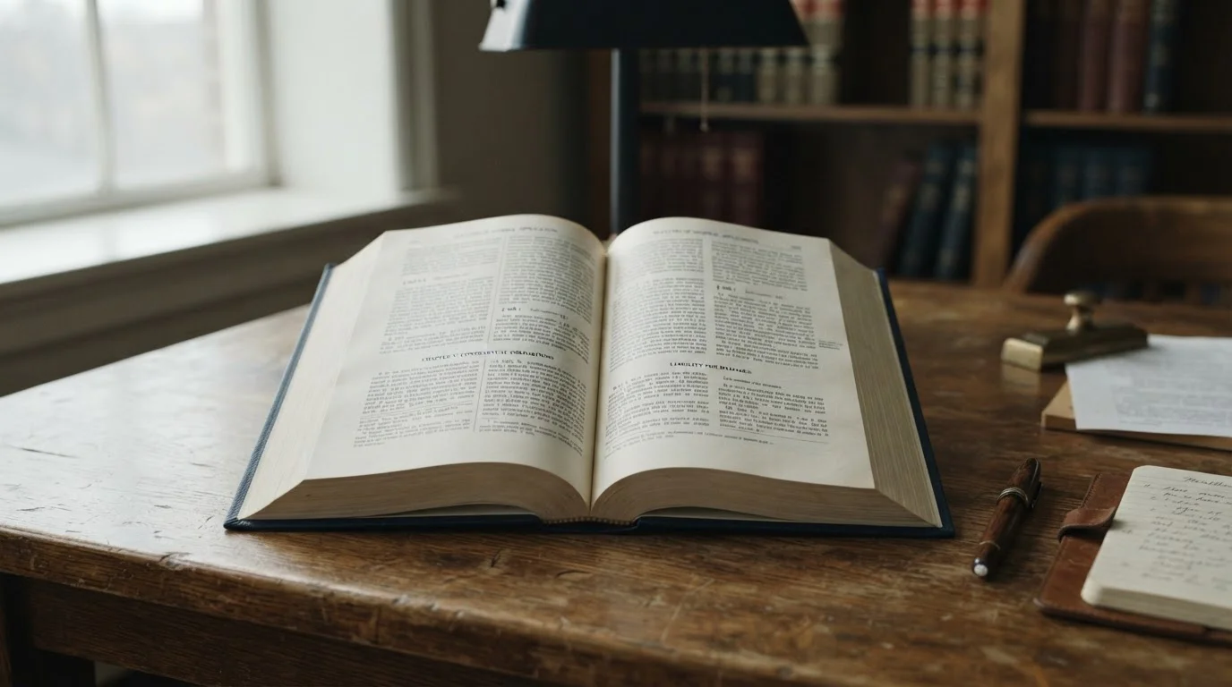 Aufgeschlagenes Gesetzbuch mit Paragraphenzeichen und juristischen Texten auf einem Schreibtisch