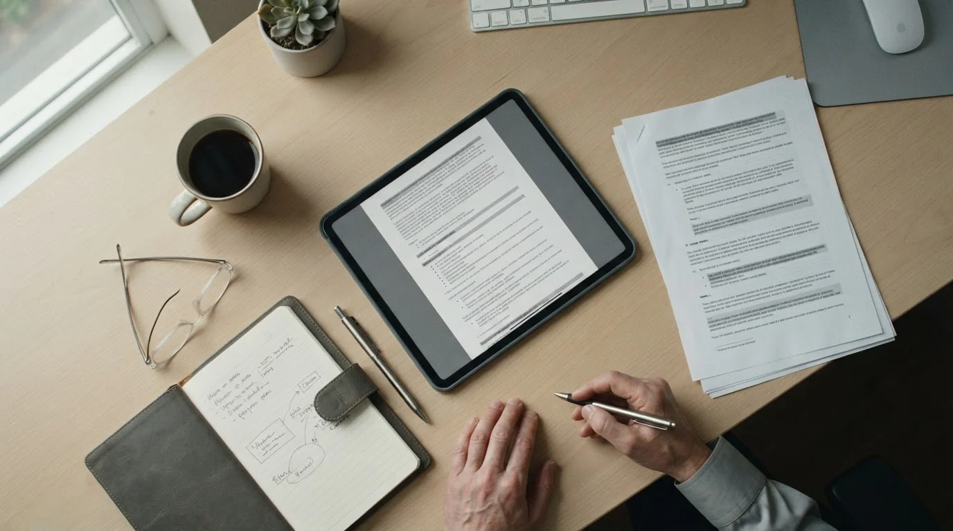 Dokumente und Tablet mit Gesetzestexten auf Schreibtisch