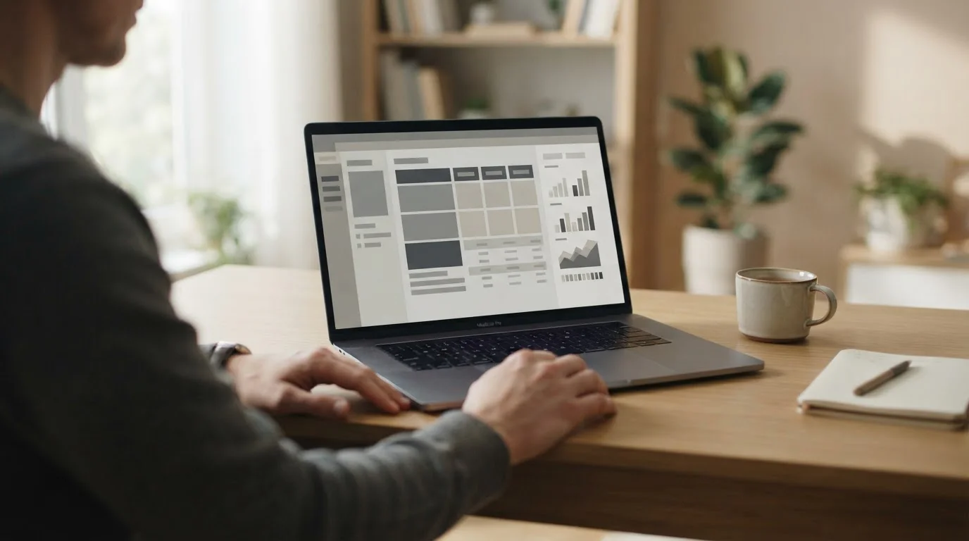 Laptop auf minimalistischem Schreibtisch mit abstrakten Sportwetten-Optionen auf dem Bildschirm