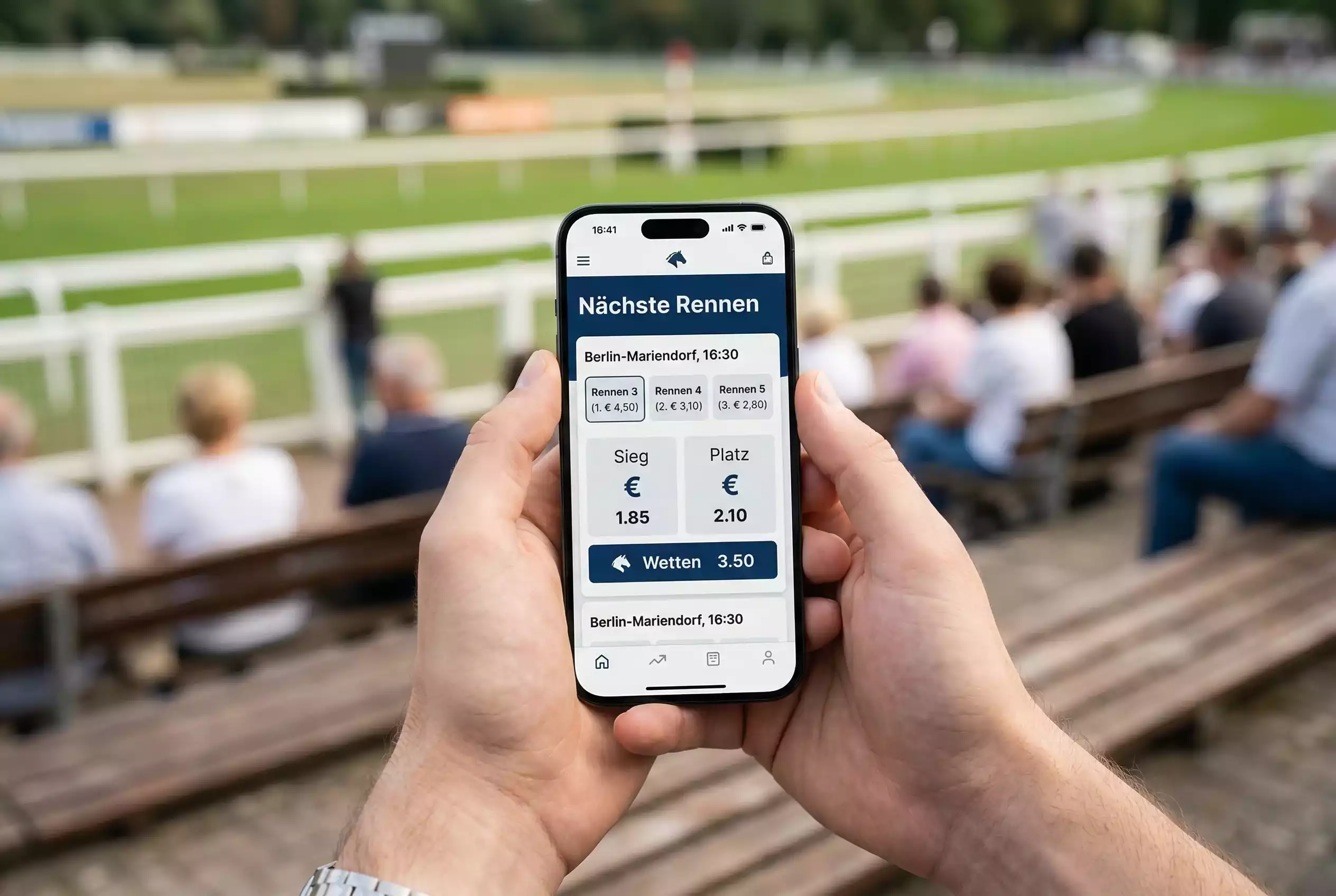 Smartphone mit Swisslos Sporttip-App für mobile Pferdewetten