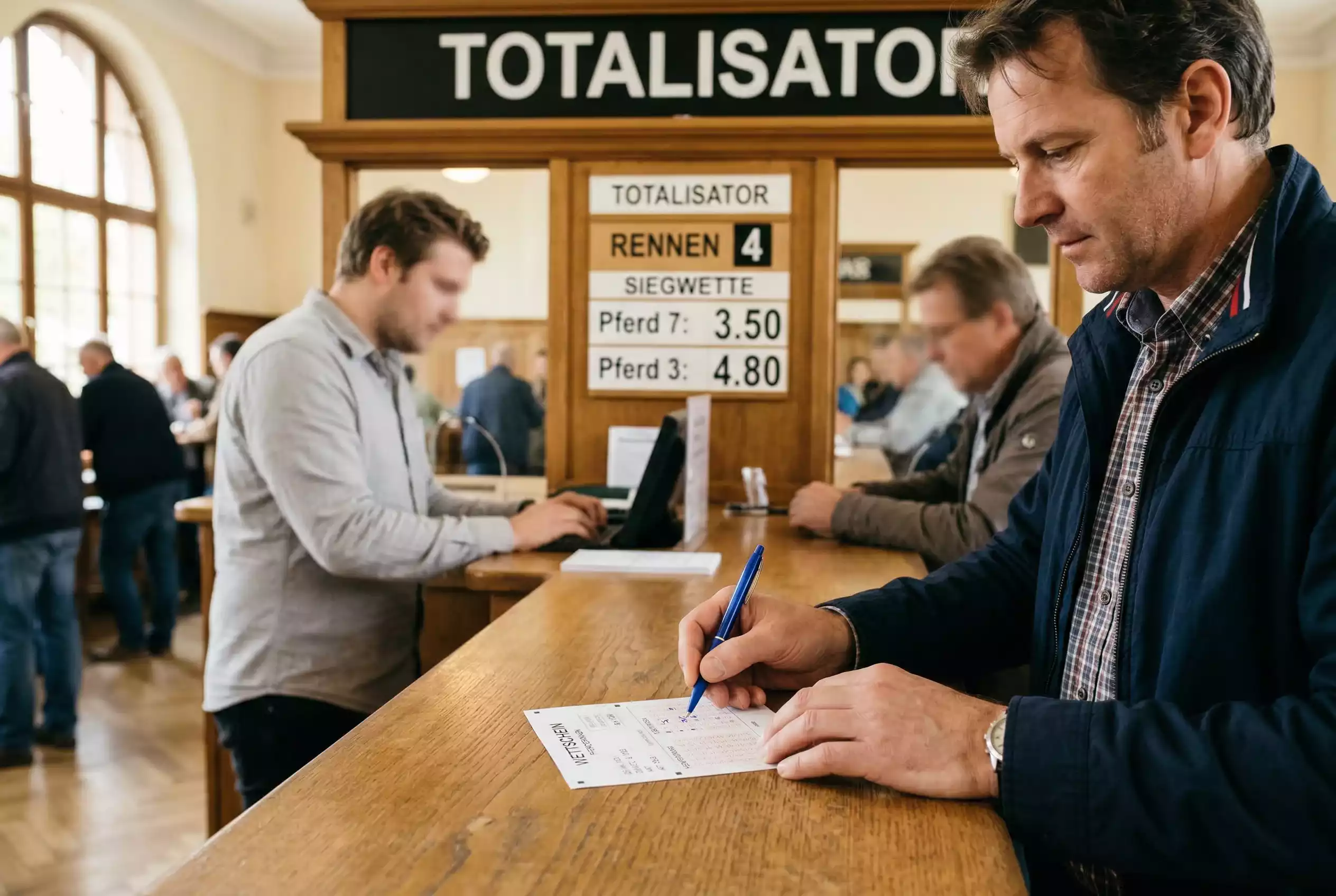 Wettschalter am Totalisator einer Schweizer Rennbahn mit Wettzetteln und Bildschirm
