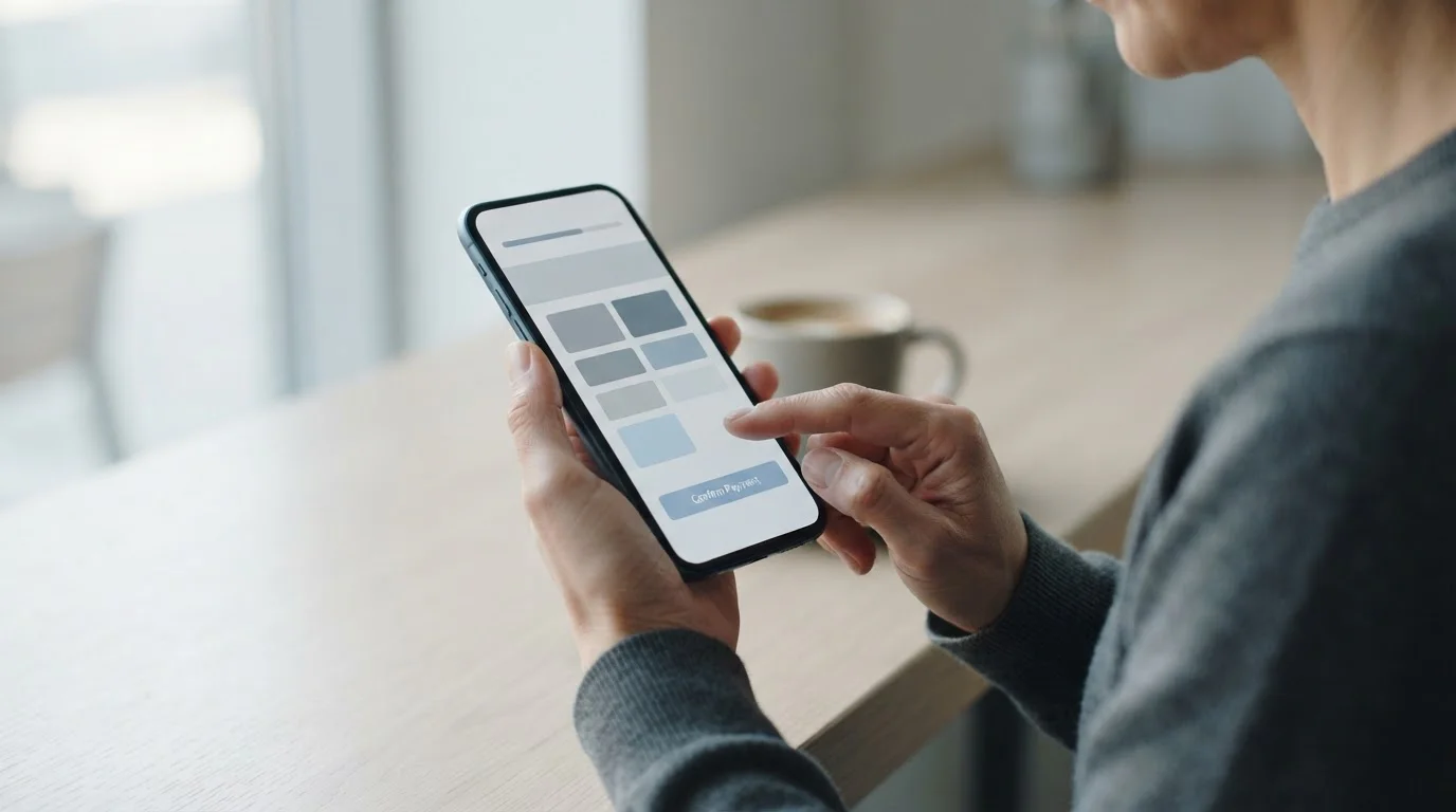 Smartphone in der Hand zeigt Bankauswahl-Bildschirm bei Online-Zahlung