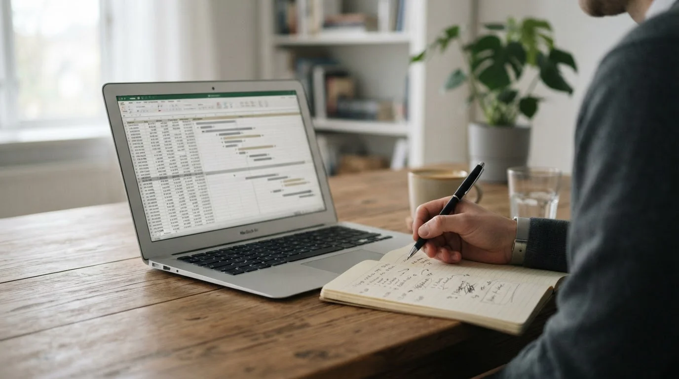 Arbeitsplatz mit Laptop und Notizen für analytischen Vergleichstest von Auszahlungszeiten