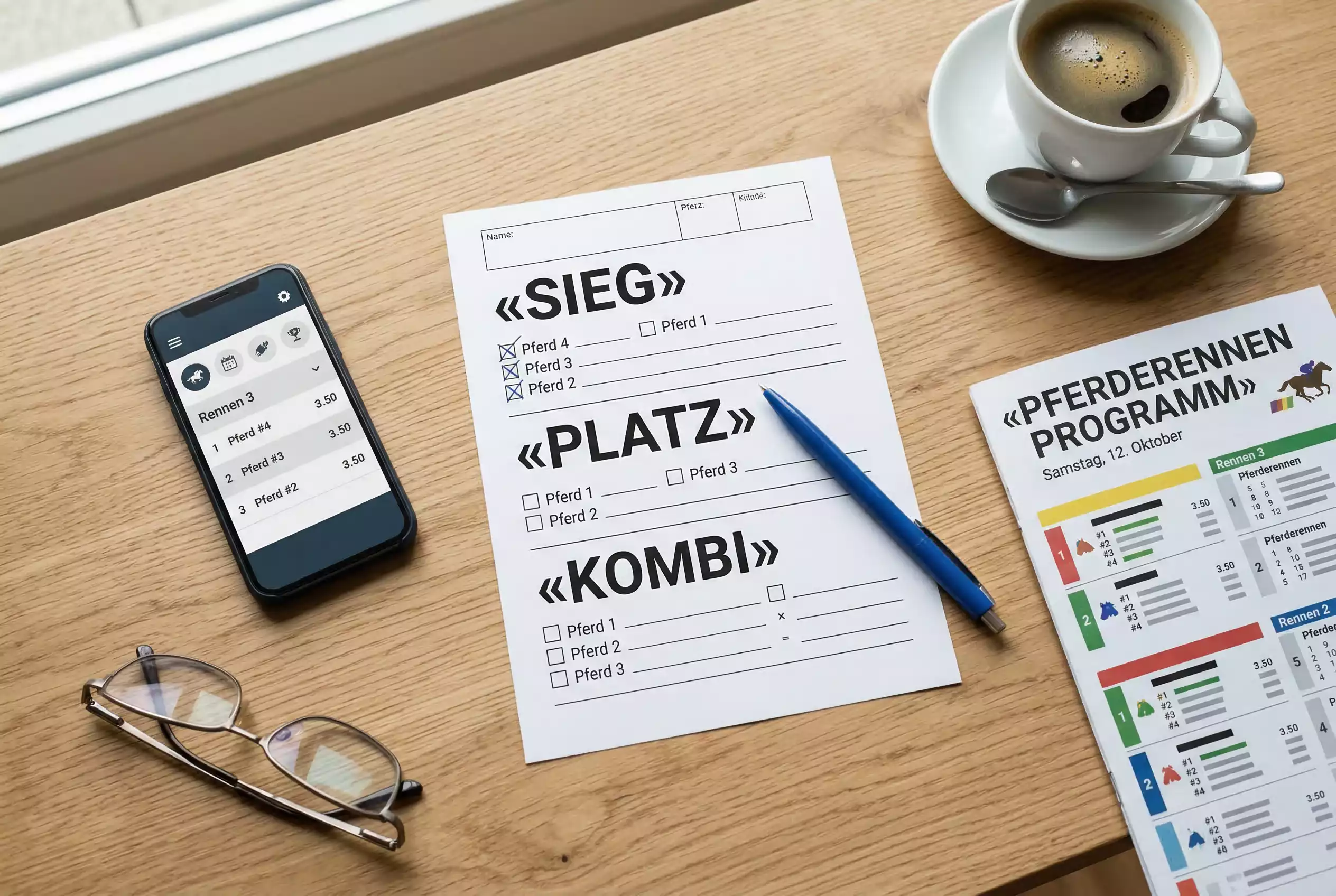 Wettschein mit verschiedenen Pferdewetten-Optionen wie Sieg, Platz und Kombinationswetten