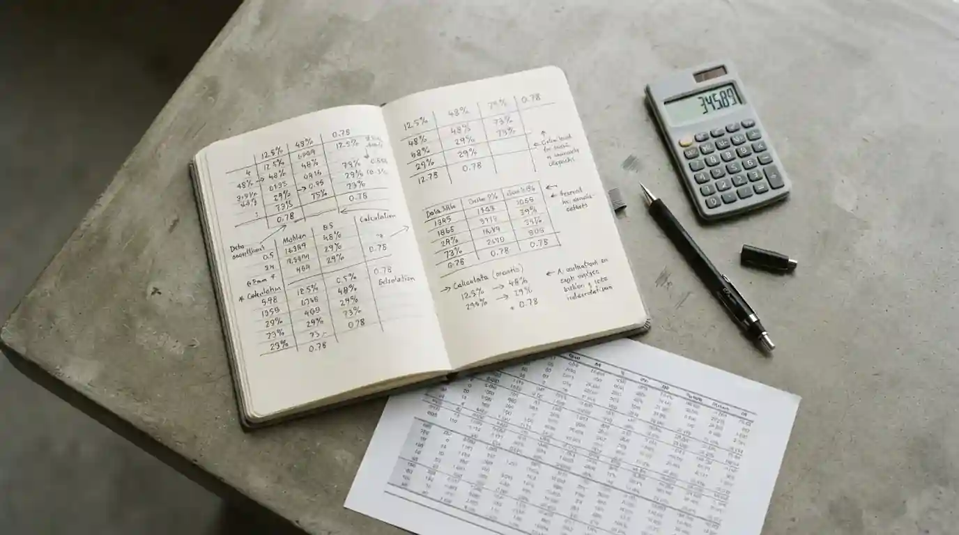 Mathematische Berechnung der Wettrendite mit Taschenrechner und Notizen