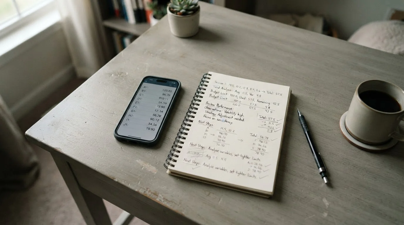 Ruhige Szene mit Smartphone und Notizen, die einen nüchternen Blick auf Wettquoten und statistische Realitäten symbolisiert