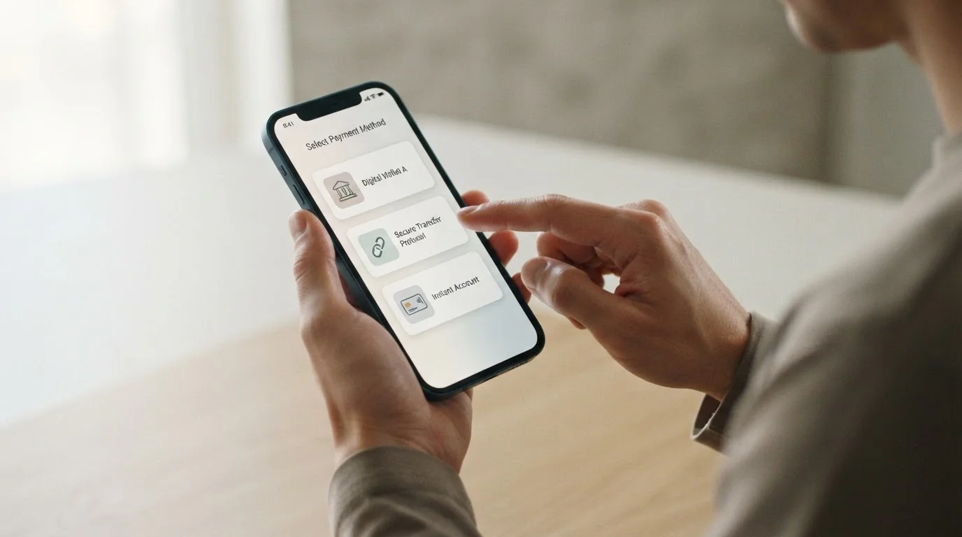 Smartphone mit verschiedenen abstrakten Zahlungsoptionen auf neutralem Interface